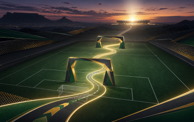 Non-documentary illustration of a glowing pathway crossing an empty football pitch towards a distant stadium