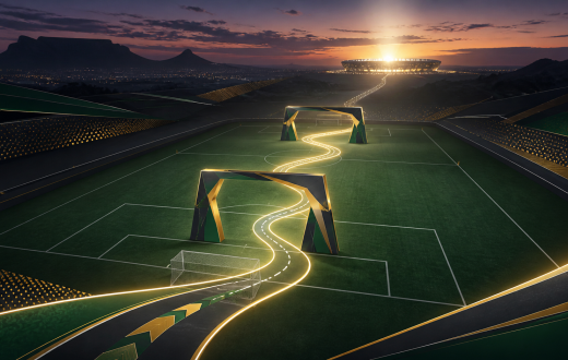 Non-documentary illustration of a glowing pathway crossing an empty football pitch towards a distant stadium