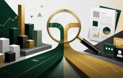 Abstract illustration of a magnifying glass examining market pathways, business blocks and regulatory documents