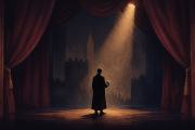Non-documentary illustration of a fictional actor on a dark theatre stage