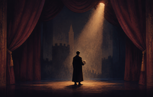 Non-documentary illustration of a fictional actor on a dark theatre stage