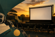 Editorial illustration of an outdoor community cinema with an empty screen, chairs, film reel and application documents