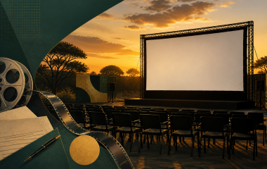 Editorial illustration of an outdoor community cinema with an empty screen, chairs, film reel and application documents