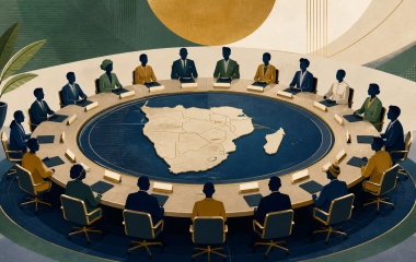 Editorial illustration of fictional Southern African delegates seated around a consensus table