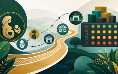 Non-documentary illustration linking maternal and newborn health symbols, clinics, funding blocks and a progress scorecard