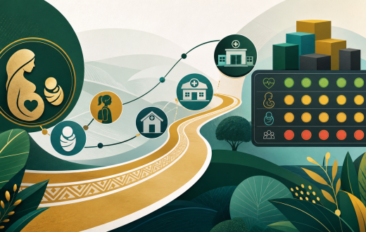 Non-documentary illustration linking maternal and newborn health symbols, clinics, funding blocks and a progress scorecard