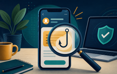 Editorial illustration of a magnifying glass revealing a phishing hook on a phone message