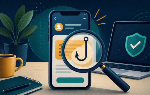 Editorial illustration of a magnifying glass revealing a phishing hook on a phone message