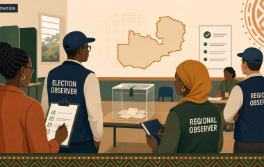 Editorial illustration representing African diplomacy, elections and regional cooperation