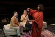 Bonolo pours wine for neighbours in A Good House at Johannesburg’s Market Theatre