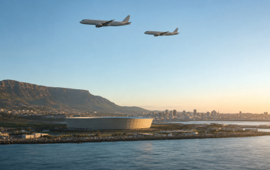 Two generic passenger jets flying safely above Cape Town and a stadium