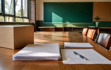 Illustrated school meeting table with consultation papers, pen and comment box