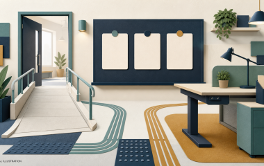 Editorial illustration of an accessible workplace, two planning pathways and three blank milestone cards.