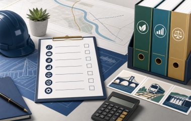 Illustration of infrastructure planning documents and a civic building