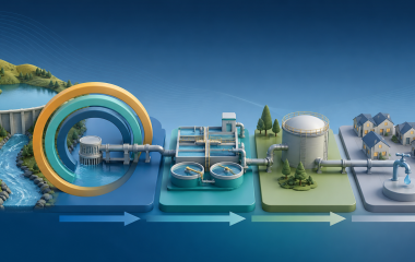 Abstract water value chain from a dam and raw-water intake through treatment and municipal distribution to a household tap.