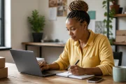 South African small-business owner reviewing customer quotation follow-ups at a laptop