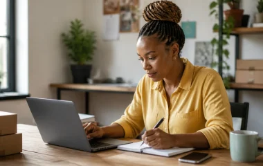 South African small-business owner reviewing customer quotation follow-ups at a laptop