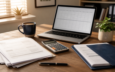A laptop, calculator and business records arranged for month-end reconciliation