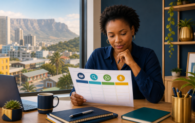 South African small-business owner reviewing a customer lead-source tracking sheet
