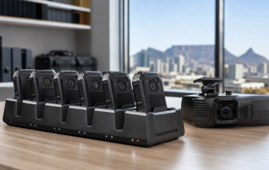 Illustrated row of unbranded body-worn cameras charging beside an in-vehicle camera