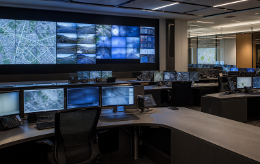 Modern public safety coordination room with maps and traffic screens