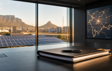 Solar panels and an agreement folder in a Cape Town energy control room