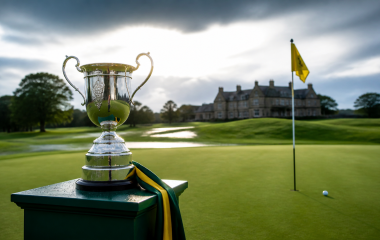 Golf trophy beside a wet green after a tournament