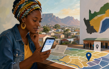 Illustration of a South African voter checking a phone beside a ward map and polling-station marker