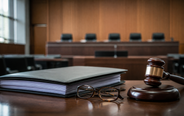 Illustrated empty courtroom desk with a judgment folder, reading glasses and gavel