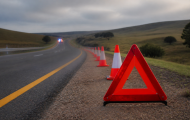 Warning triangle and traffic cones beside an intact rural highway