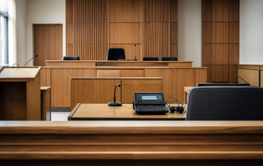 Conceptual illustration of an empty courtroom with recording equipment on a desk