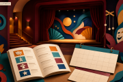 Editorial illustration of an empty theatre stage with an open programme and blank planning calendars.