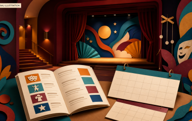 Editorial illustration of an empty theatre stage with an open programme and blank planning calendars.