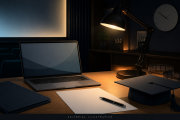 Editorial illustration of an empty film-study desk with a blank laptop, document, folder, film strip, clock and graduation cap.