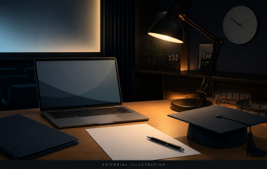 Editorial illustration of an empty film-study desk with a blank laptop, document, folder, film strip, clock and graduation cap.