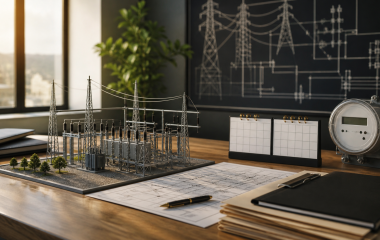 Conceptual municipal electricity planning desk with substation model and blank calendar