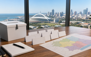 Conceptual local-election planning desk overlooking Durban