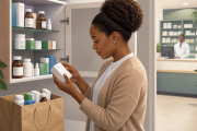 Illustration of a South African adult sorting unused medicine for safe return to a pharmacy
