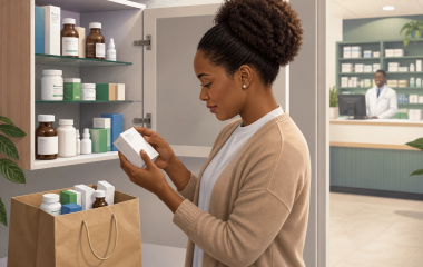Illustration of a South African adult sorting unused medicine for safe return to a pharmacy
