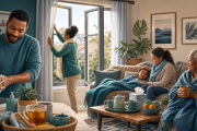 Illustration of a South African family using handwashing and ventilation while caring for a child with winter illness