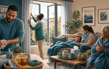 Illustration of a South African family using handwashing and ventilation while caring for a child with winter illness