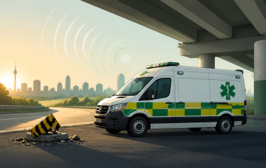 Illustration of an ambulance parked safely beneath a Gauteng highway overpass