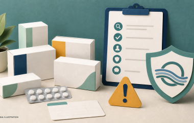 Editorial medicine-safety illustration with blank packaging, an alert symbol and an abstract airflow shield.