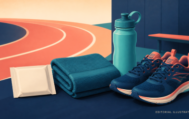 Editorial illustration of an unopened menstrual-pad package beside running shoes, a towel and a water bottle near an abstract athletics track.