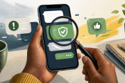 Illustration of a person checking a phone message with a magnifying glass and security symbol