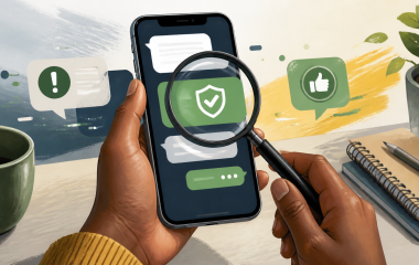 Illustration of a person checking a phone message with a magnifying glass and security symbol