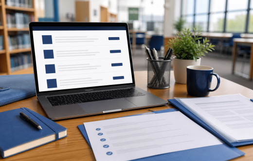 A laptop displaying a generic vacancy list beside application documents