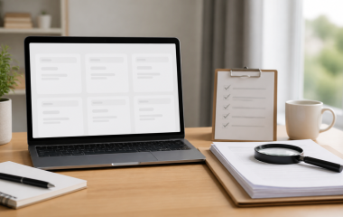 Non-documentary illustration of a job-search desk with vacancy cards and a checklist