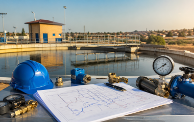 Conceptual water-network planning desk beside a municipal reservoir
