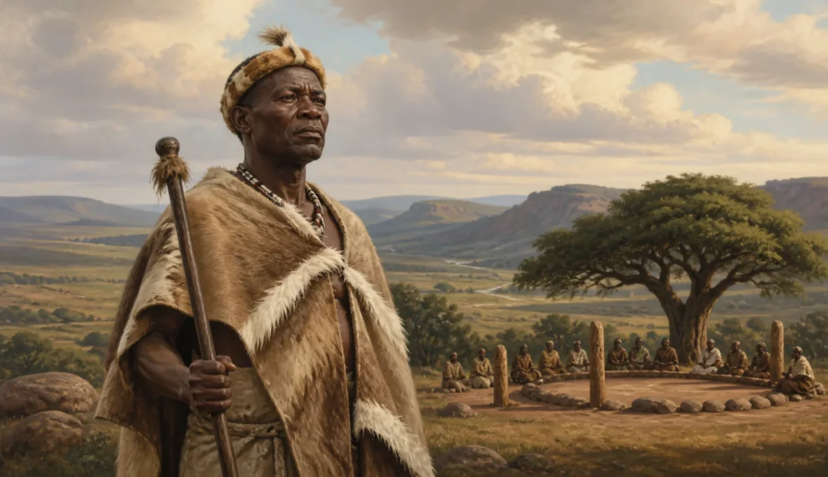 Historical editorial illustration inspired by Makhanda Nxele in an Eastern Cape landscape